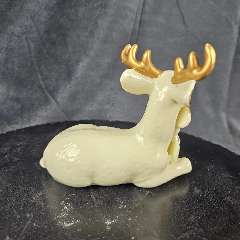Vintage Ceramic Reindeer Figurine with Bow and Bells Cream Gold Accent Christmas